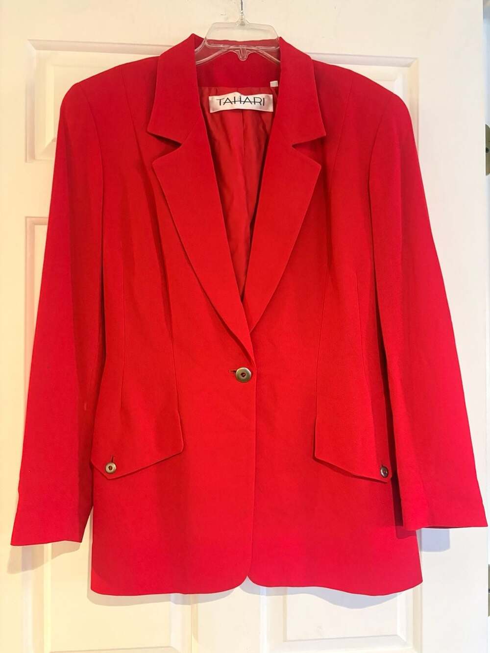 Tahari Vintage Red Single Button Blazer Jacket with Pocket Details